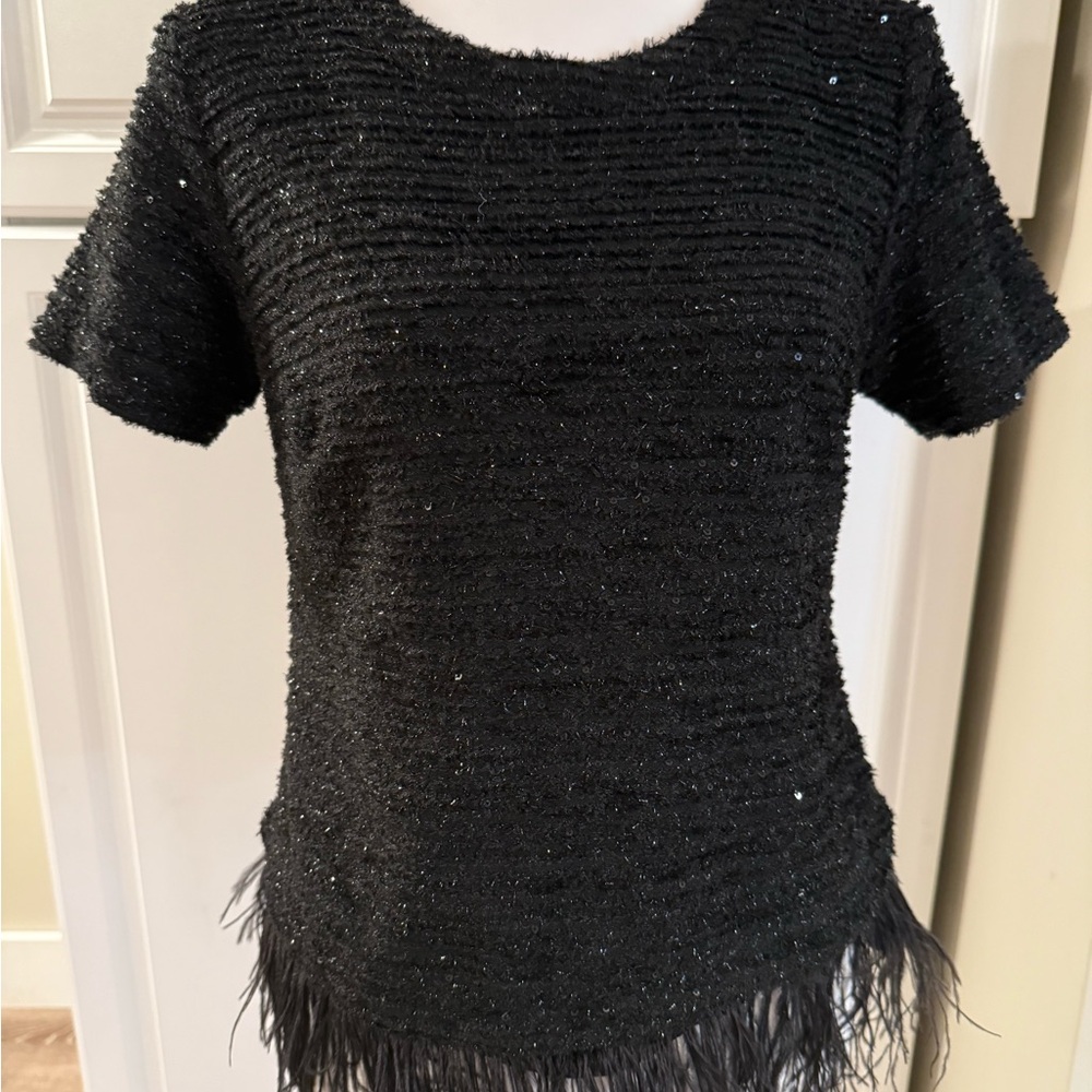 Anthropologie, Delletta Black Women's Metallic Thread Top w/ Feathers , Size S - Picture 3 of 12